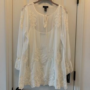 NWT Alfani Women's Ivory Large Sheer Embellished Tunic With Camisole